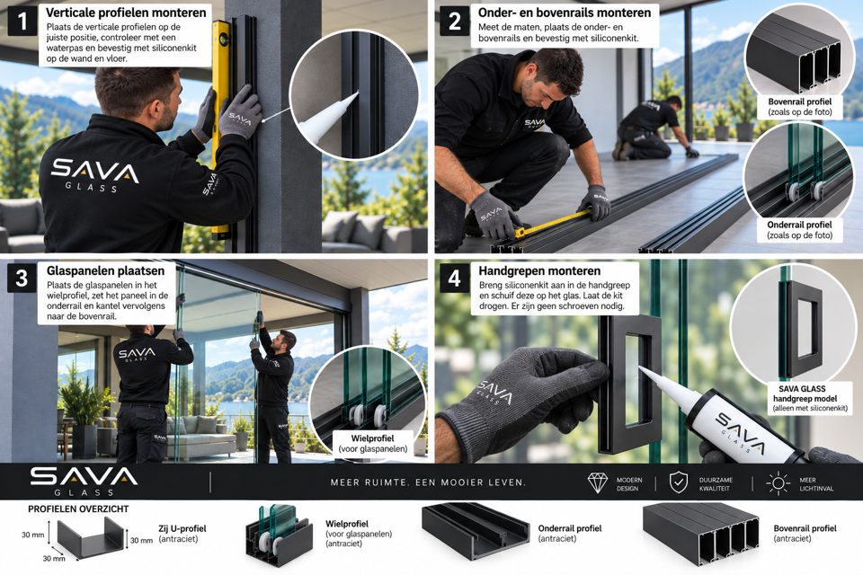 Preview of the SAVA Glass installation poster: four numbered steps and an overview of the profiles